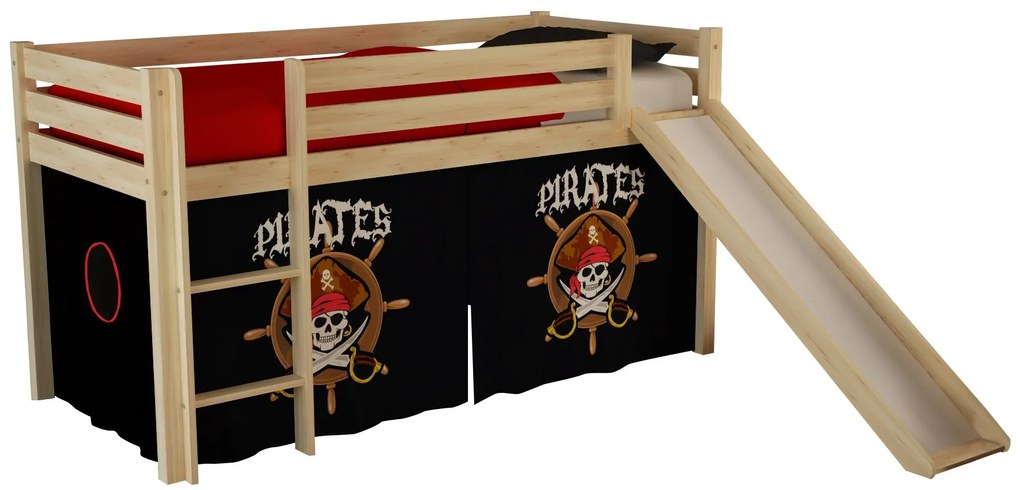 Conjunto Cama alta de Criança PINO 90 x 200 cm + estrado + escada + escorrega + cortina Piratas Natural