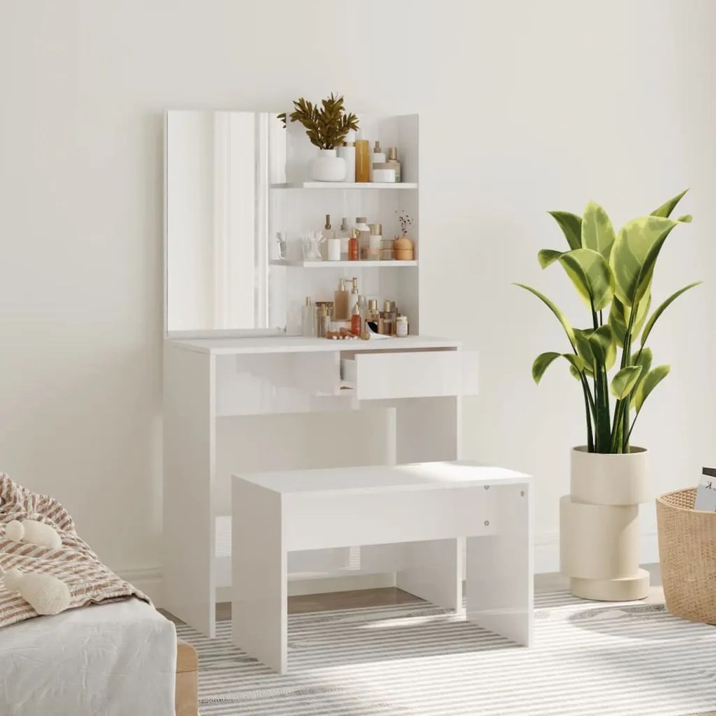 3114143 vidaXL Conjunto toucador 74,5x40x141 cm branco brilhante