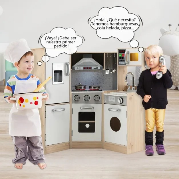 Conjunto de cozinha de madeira para crianças, brinquedo de cozinha com sons e acessórios realistas, jogo de telefone para crianças de +3 anos Branco +