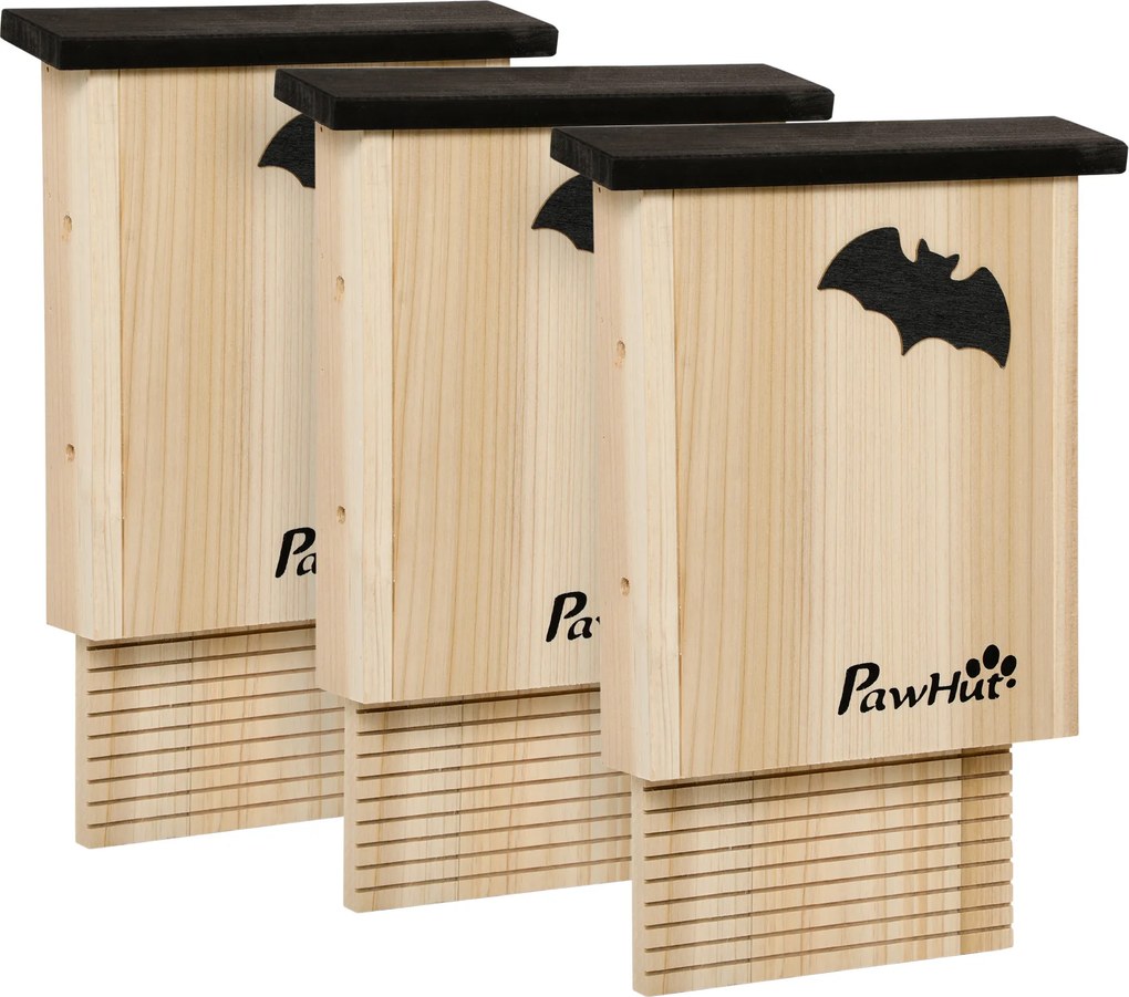 PawHut Conjunto de 3 abrigos para morcegos, resistente às intempéries, até 3 morcegos por casa, madeira de abeto tratada, Natural + Preto | Aosom Portugal