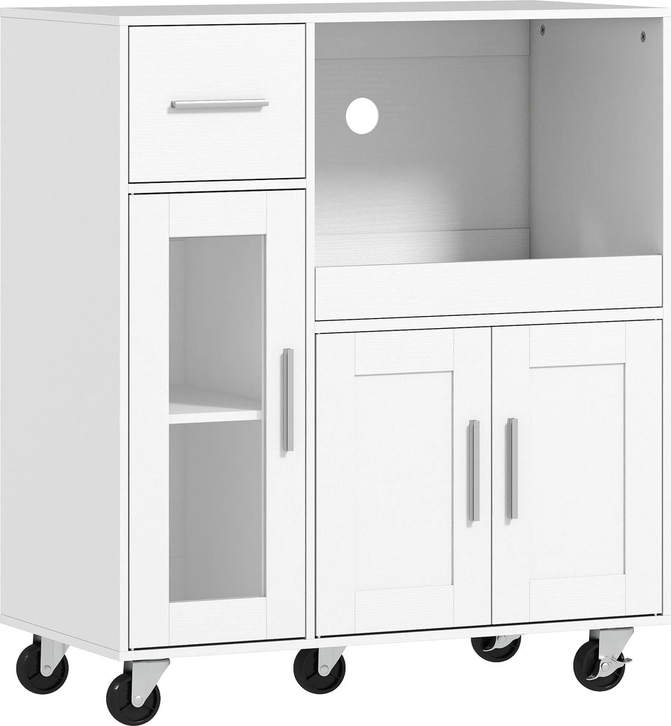 HOMCOM Armário de Cozinha com Rodízios, Cômoda Móvel com Prateleiras, Gavetas, Prateleira Ajustável, Orifício para Cabo, Branco | Aosom Portugal