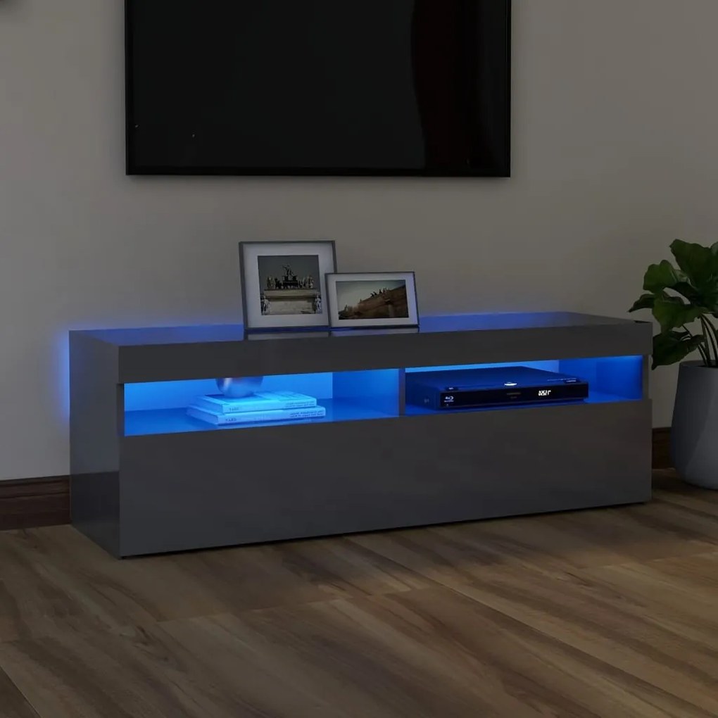vidaXL Móvel de TV com luzes LED 120x35x40 cm cinzento brilhante