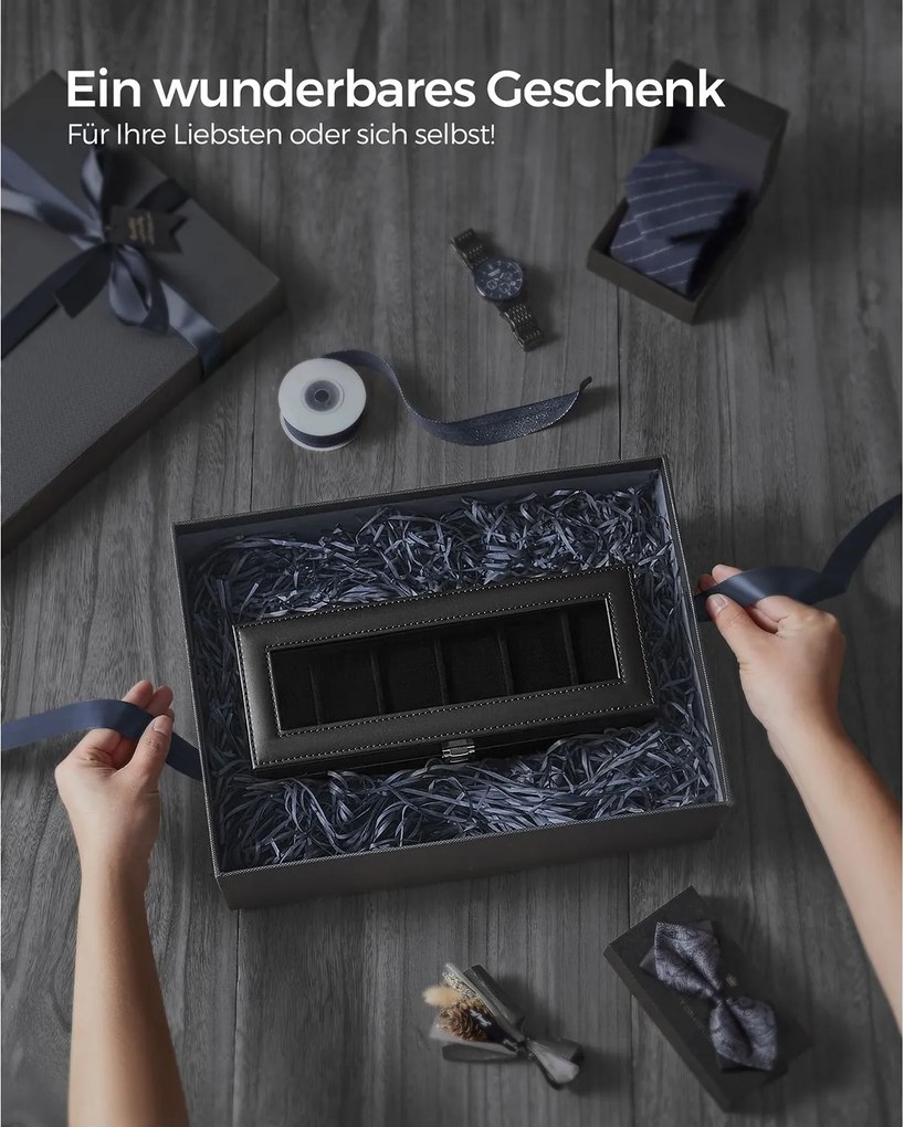 Caixa para 6 relógios 11,2 x 30 x 8 cm revestimento em PU preto, forro em veludo preto