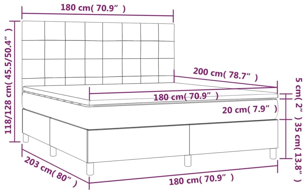 Cama box spring c/ colchão e LED 180x200 cm tecido cinza-claro