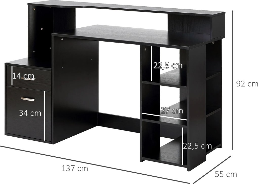 Secretária com 2 gavetas, secretária com arrumação, 137 x 55 x 92 cm, prateleiras abertas e suporte para impressora, estilo moderno, secretária para c