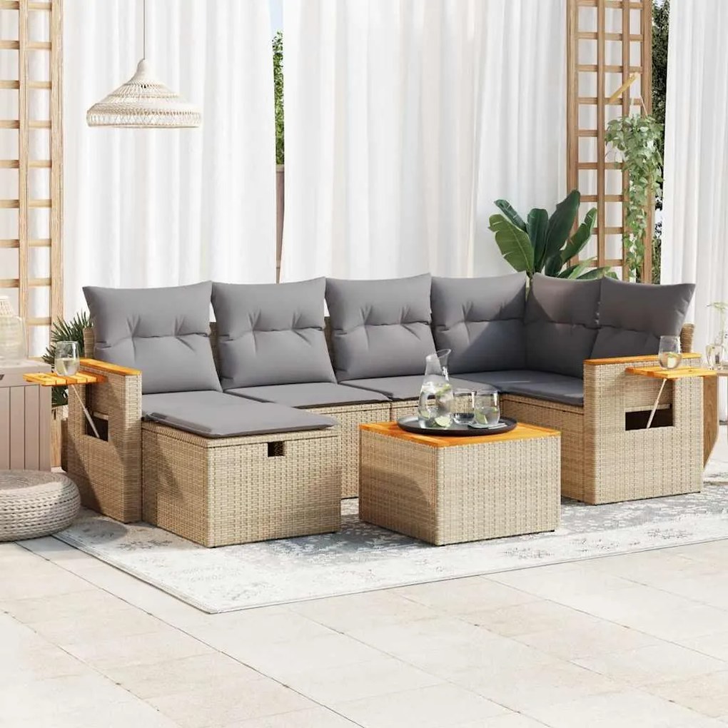 7 pcs conjunto de sofás p/ jardim com almofadões vime PE bege