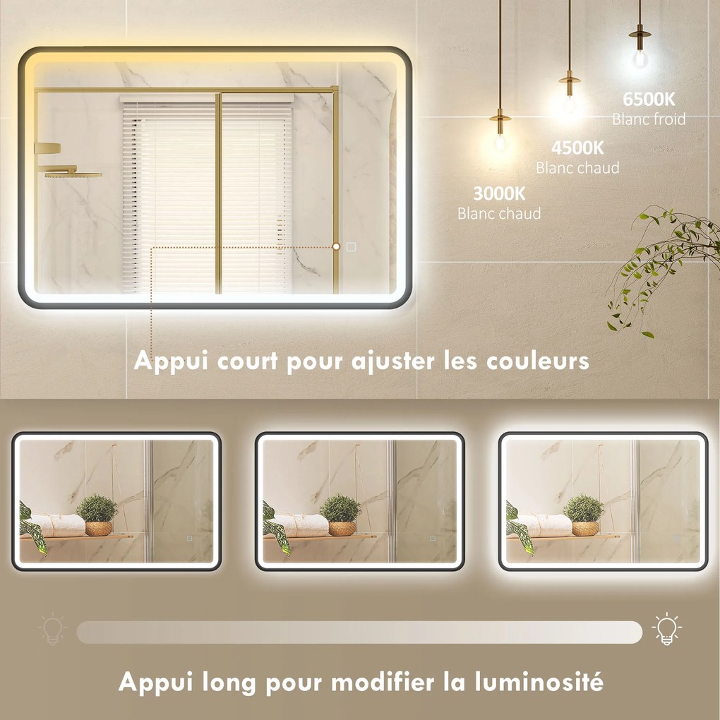 Espelho de casa de banho com iluminação, 90 x 60 cm, espelho LED de parede, antiembaciamento, 3 cores de luz, intensidade regulável, preto