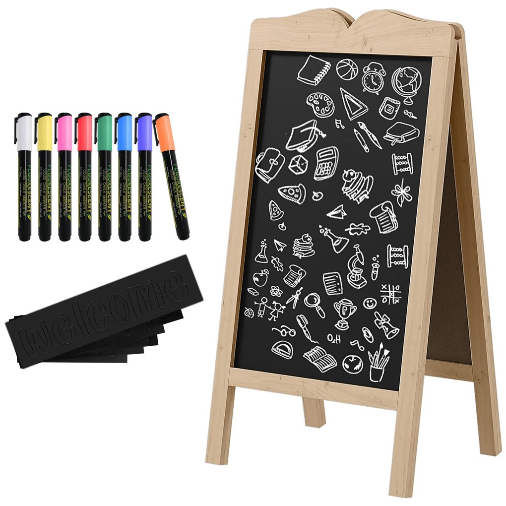 Quadro de Cavalete Cavalete Quadro Negro Magnético Dobrável com 8 Gizes Líquidos e 6 Placas de Palavras 51x42x101 cm Madeira