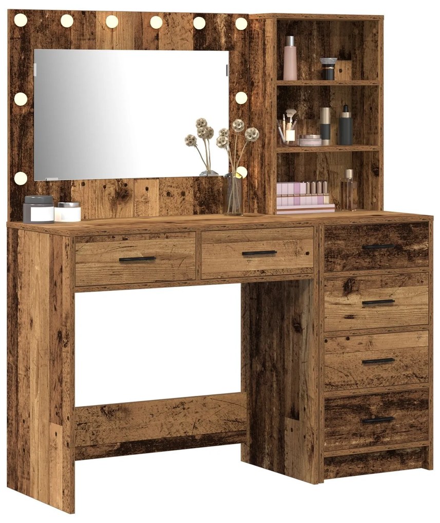 Conjunto de Mesa de Maquiagem 2 Peças com LED Madeira Velha Madeira Té