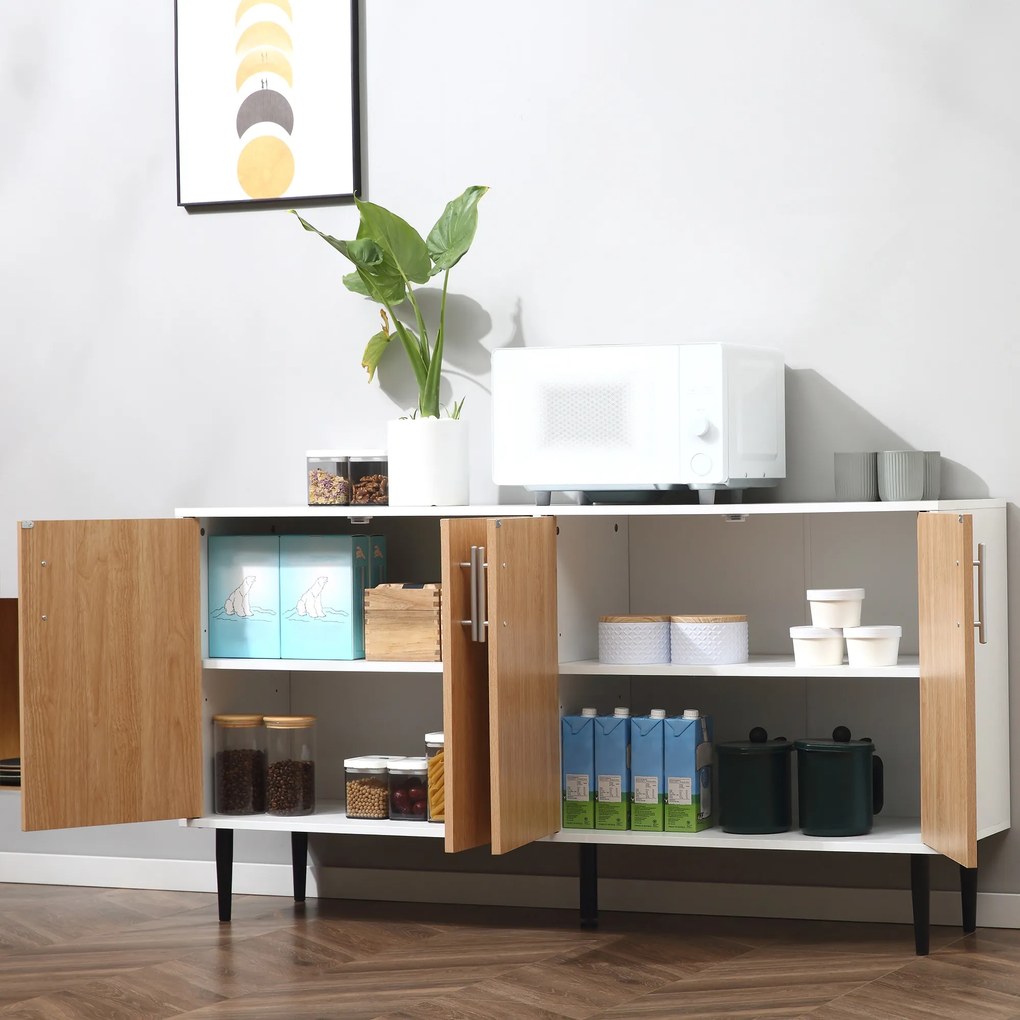 HOMCOM Aparador de Cozinha com 4 Portas Prateleiras Ajustáveis e Pés Metalicos Móvel Auxiliar Moderno para Sala de Estar Sala de Jantar 147,2x40,5x76,2cm Natural e Branco