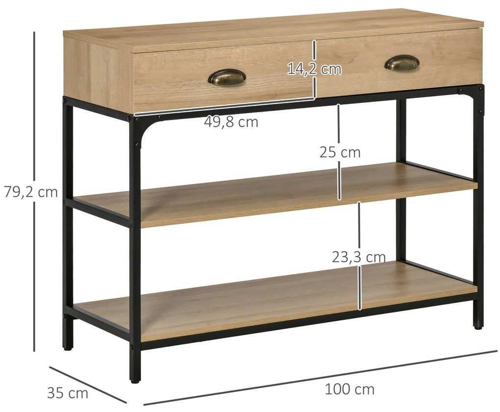 Mesa Consola Mesa de Entrada Estreita com 2 Gavetas e 2 Prateleiras de Armazenamento Estrutura de Aço para Corredor Entrada Sala de Estar 100x35x79,5c