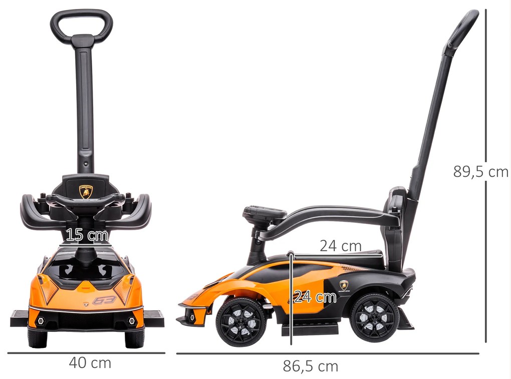 Carro Andarilho Lamborghini Essenza SCV2 Carro Andador com Buzina Guiador e Grade de Segurança 86,5x40x89,5cm Laranja