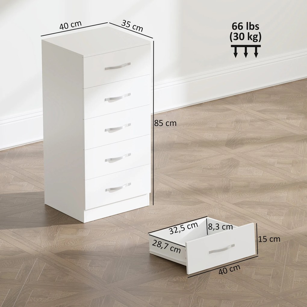 Cómoda de 5 Gavetas, 40 x 35 x 85 cm, Formato Estreito, Branco