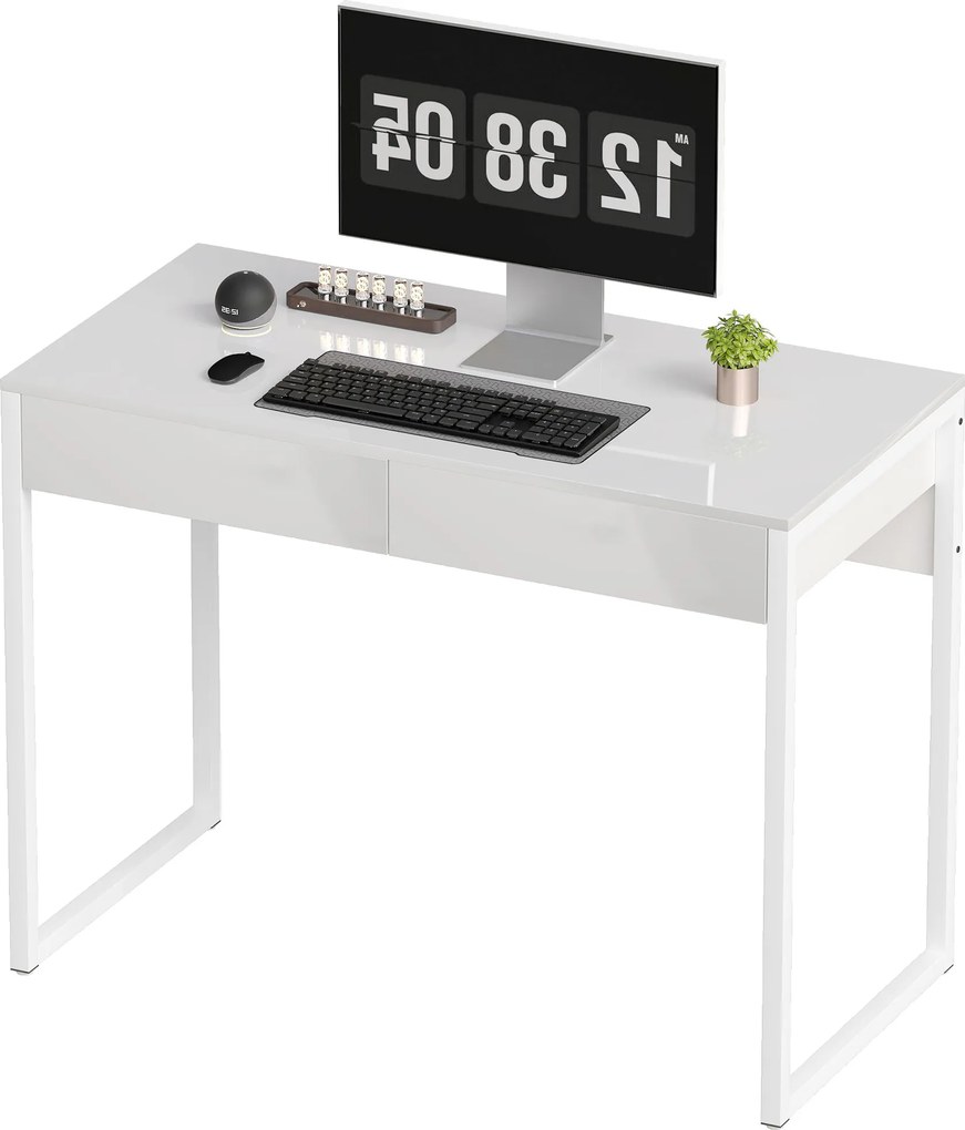 Secretária com 2 gavetas, mesa para computador de 100 x 50 cm, secretária moderna com base em aço, para espaços pequenos, branco brilhante
