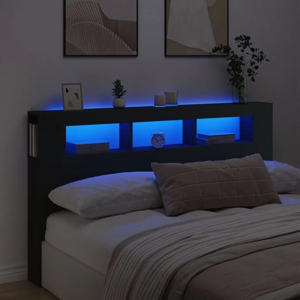 vidaXL Cabeceira cama c/ LEDs 180x18,5x103,5 cm deriv. madeira preto