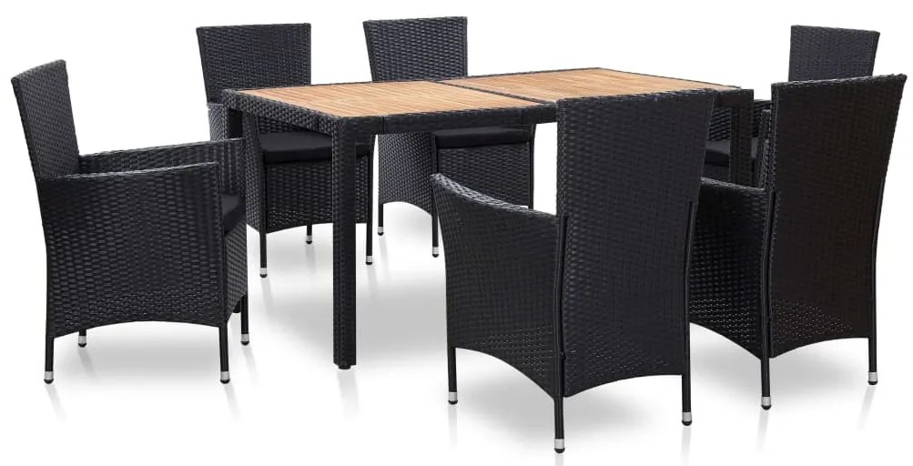 7 pcs conjunto jantar exterior com almofadões vime PE preto