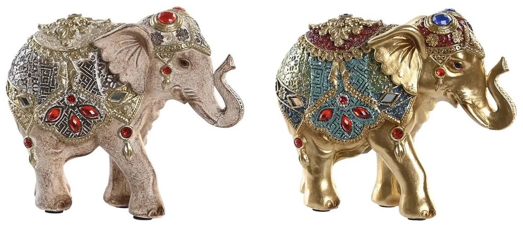 Figura Decorativa DKD Home Decor Elefante Bege Dourado Resina Colonial (2 Unidades) (13 x 5 x 12 cm)