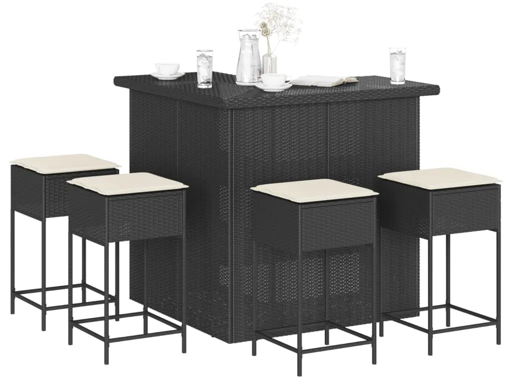 vidaXL 5 pcs conjunto de bar p/ jardim c/ almofadões vime PE preto