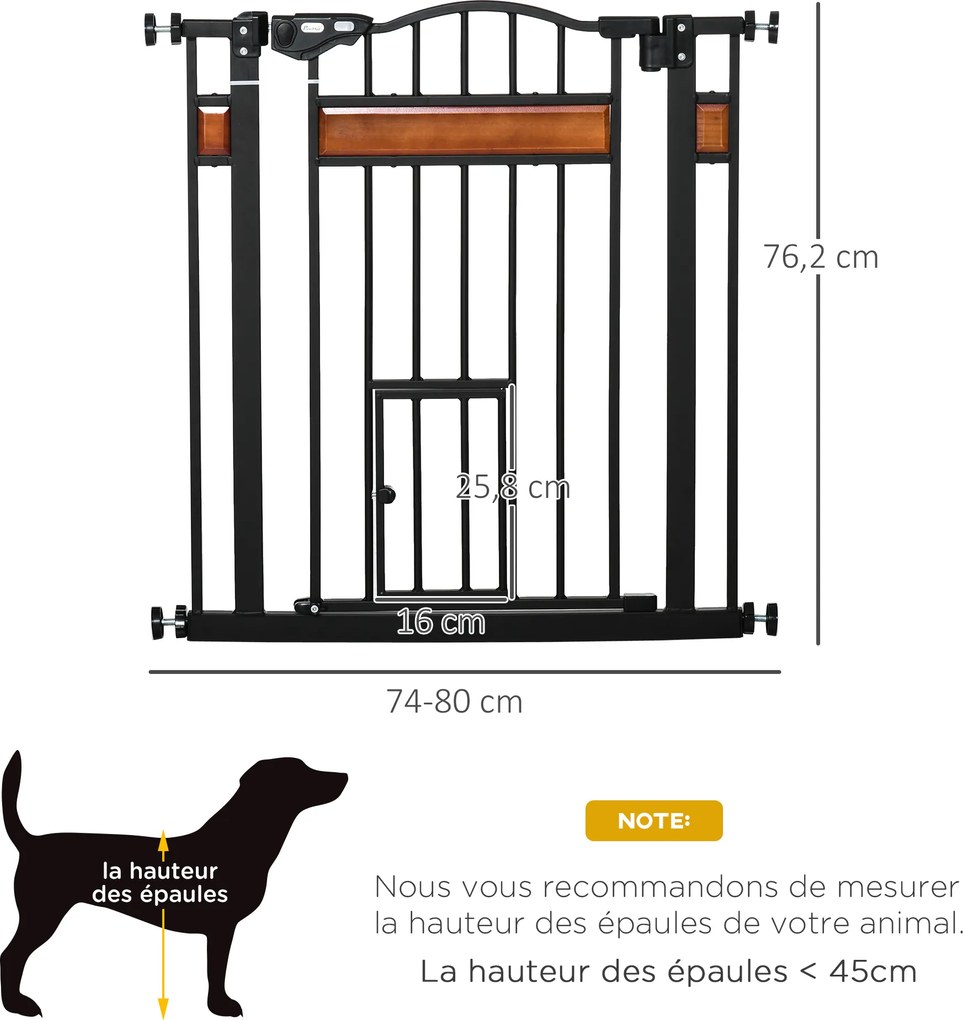 Barreira de segurança para animais com sistema de duplo bloqueio, sem necessidade de perfuração, 74 a 80 cm, em aço e madeira de pinho preto