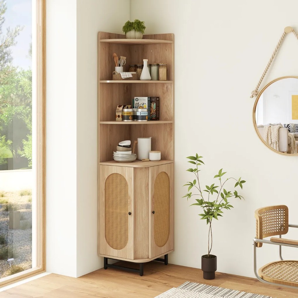 Armário de canto Rattan 172 CM Estante alta com 2 portas 4 prateleiras abertas Pernas ajustáveis Poupança de espaço Pernas ajustáveis Natural