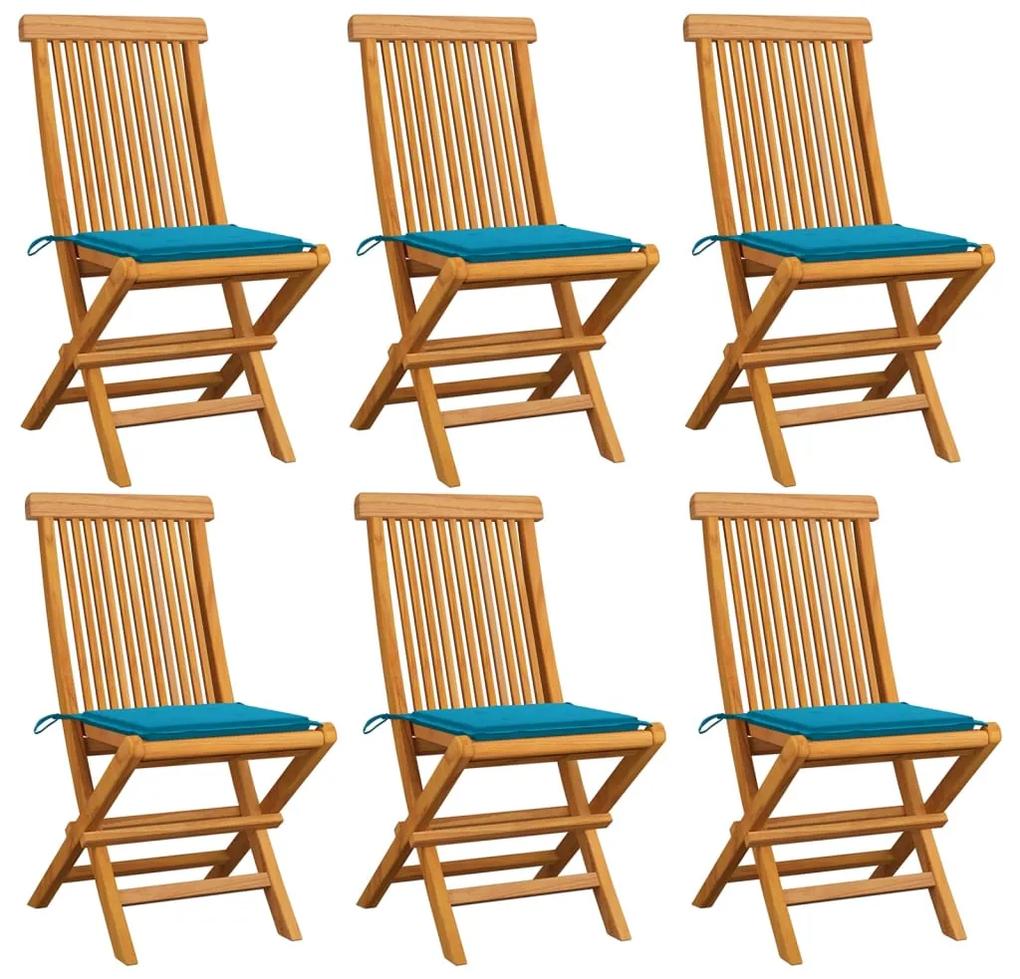 Cadeiras de jardim c/ almofadões azuis 6 pcs teca maciça