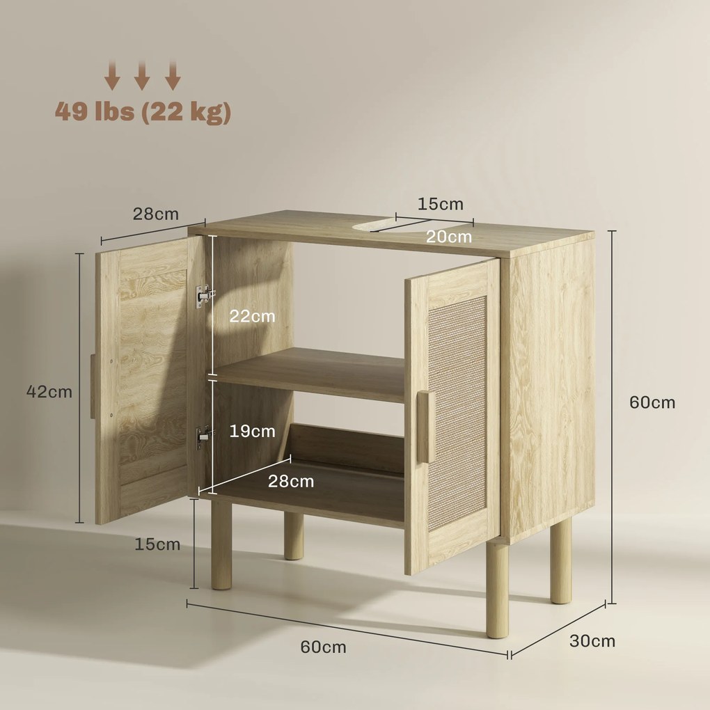 Móvel de casa de banho 60 x 30 x 60 cm para lavatório (NÃO INCLUIDO), com portas em rattan e pés em madeira de pinho, 2 prateleiras, em cor carvalho