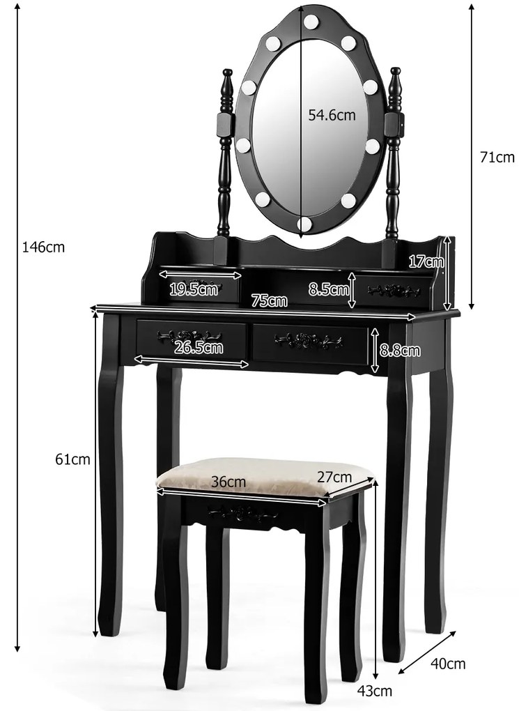 Conjunto de Toucador com Espelho Oval e 10 Lâmpadas LED Pernas em Madeira de Pinho e Almofadas Antiderrapantes Branco 75 x 40 x 146 cm Preto