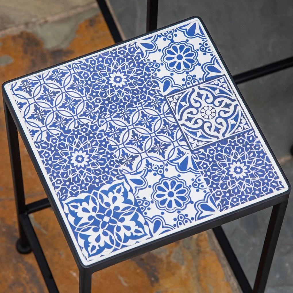 Suporte para Vasos de Metal 3 Peças Empilháveis Suporte para Plantas com Bancada de Azulejo Decorativa para Interiores e Exteriores 31,5x31,5x60,5 cm