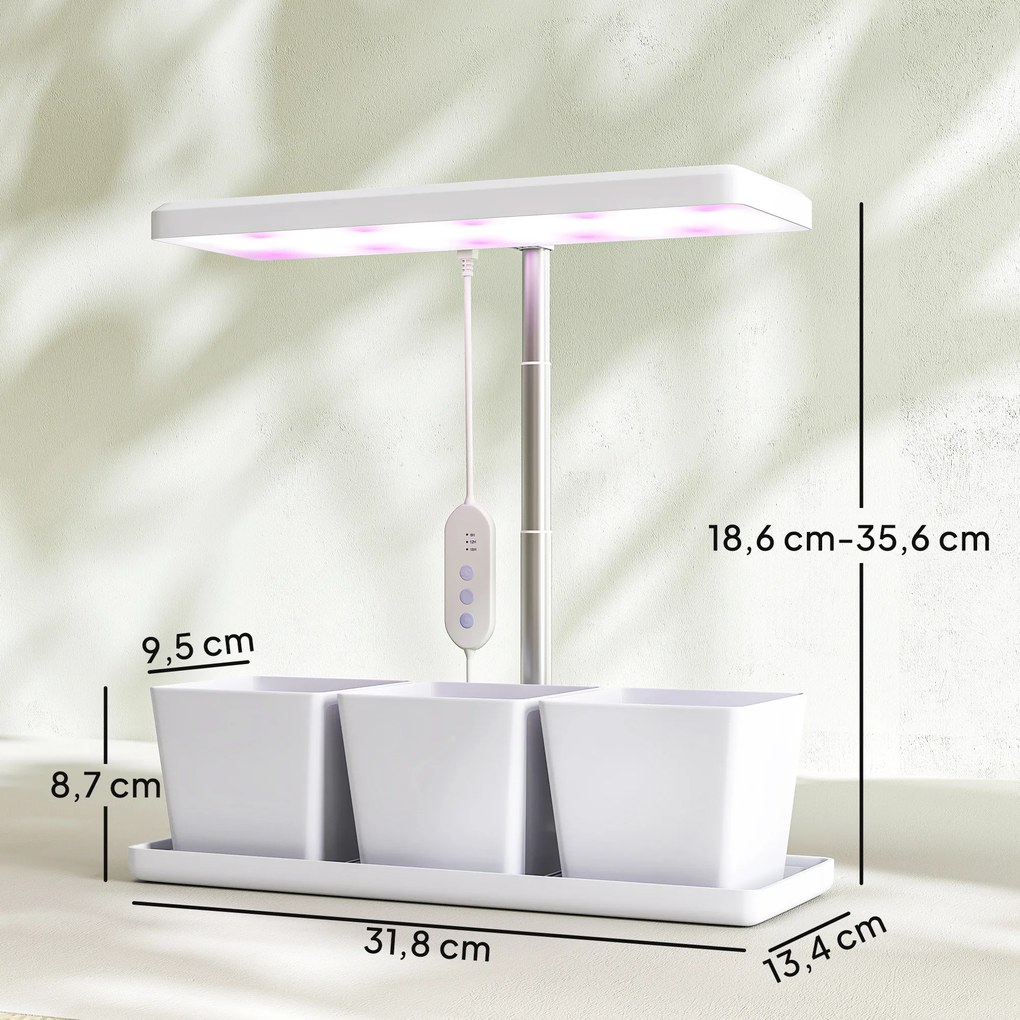 Luz de Crescimento com 30 LED de Espectro Completo Ajustável em Altura com Temporizador Automático 8/12/16/24H 5 Níveis de Brilho e 3 Vasos 31,8x13,4x