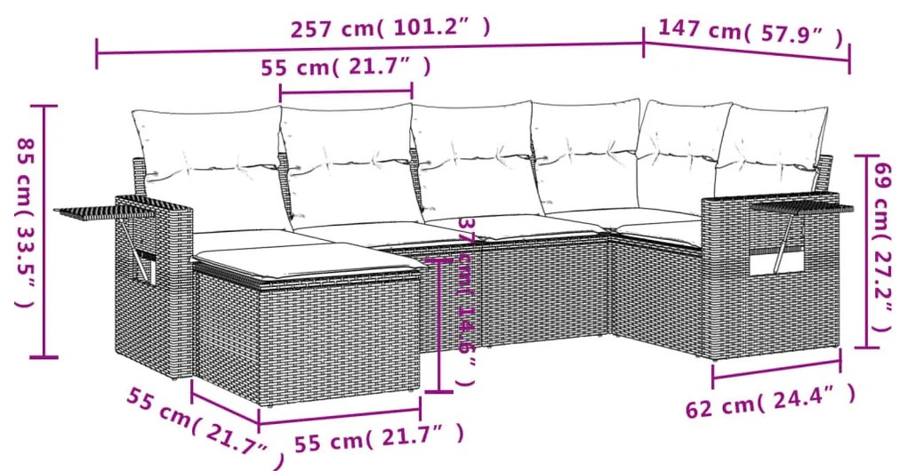 6 pcs conjunto de sofás p/ jardim com almofadões vime PE bege