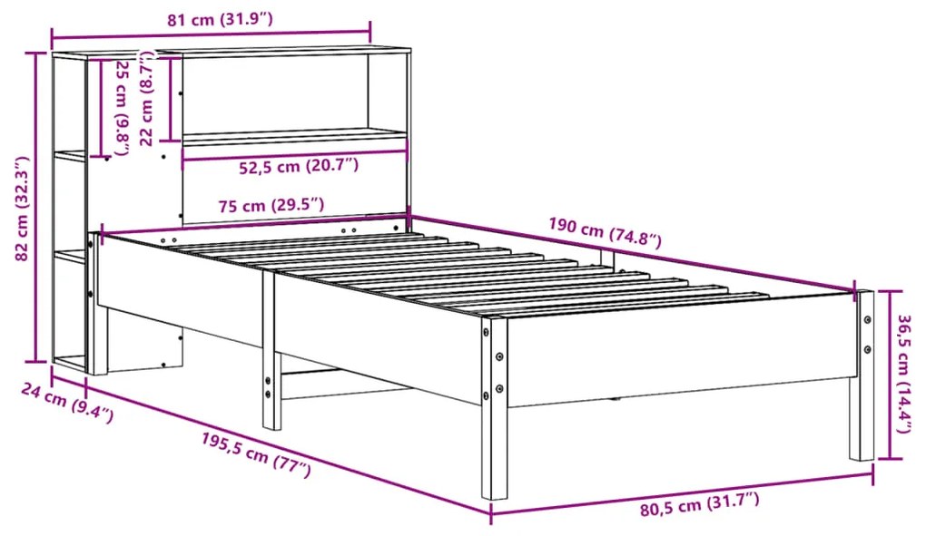 Cama com estante sem colchão 75x190 cm pinho maciço