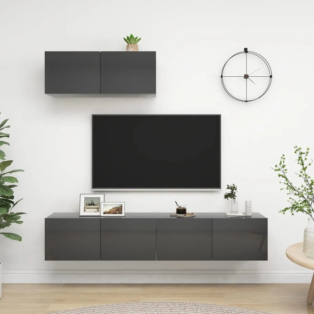3079541 vidaXL Móveis de TV 3 pcs contraplacado cinzento brilhante