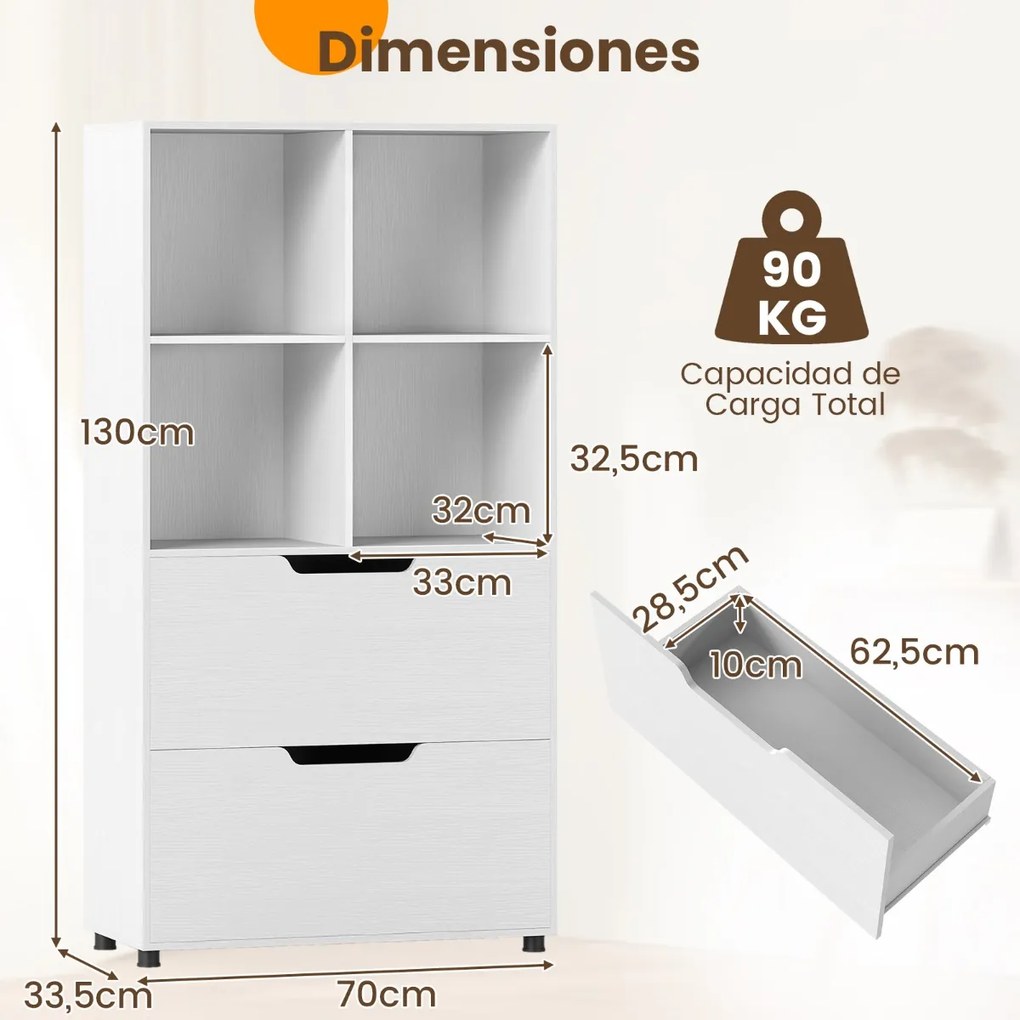 Estante de 4 cubos 70 x 33,5 x 130 cm com 2 gavetas de 5 níveis Design moderno em madeira para sala ou escritório Branco