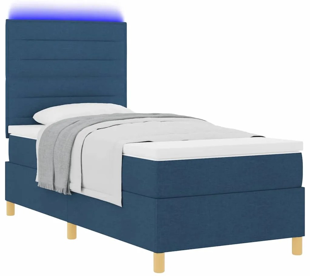 Cama Box Spring com Colchão &amp; LED Azul 100x200 cm Tecido