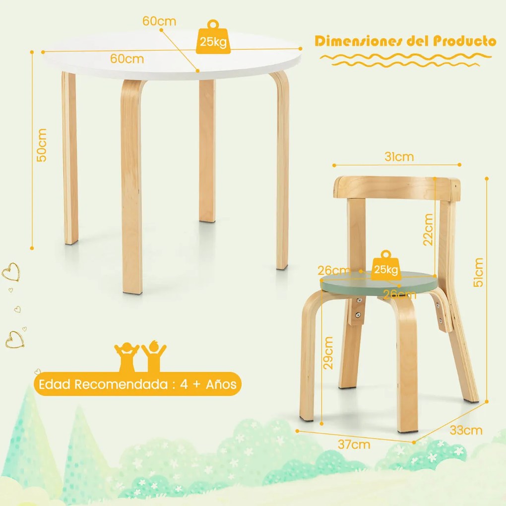 Conjunto Infantil de 5 Peças – 1 Mesa Redonda e 4 Cadeiras em Madeira