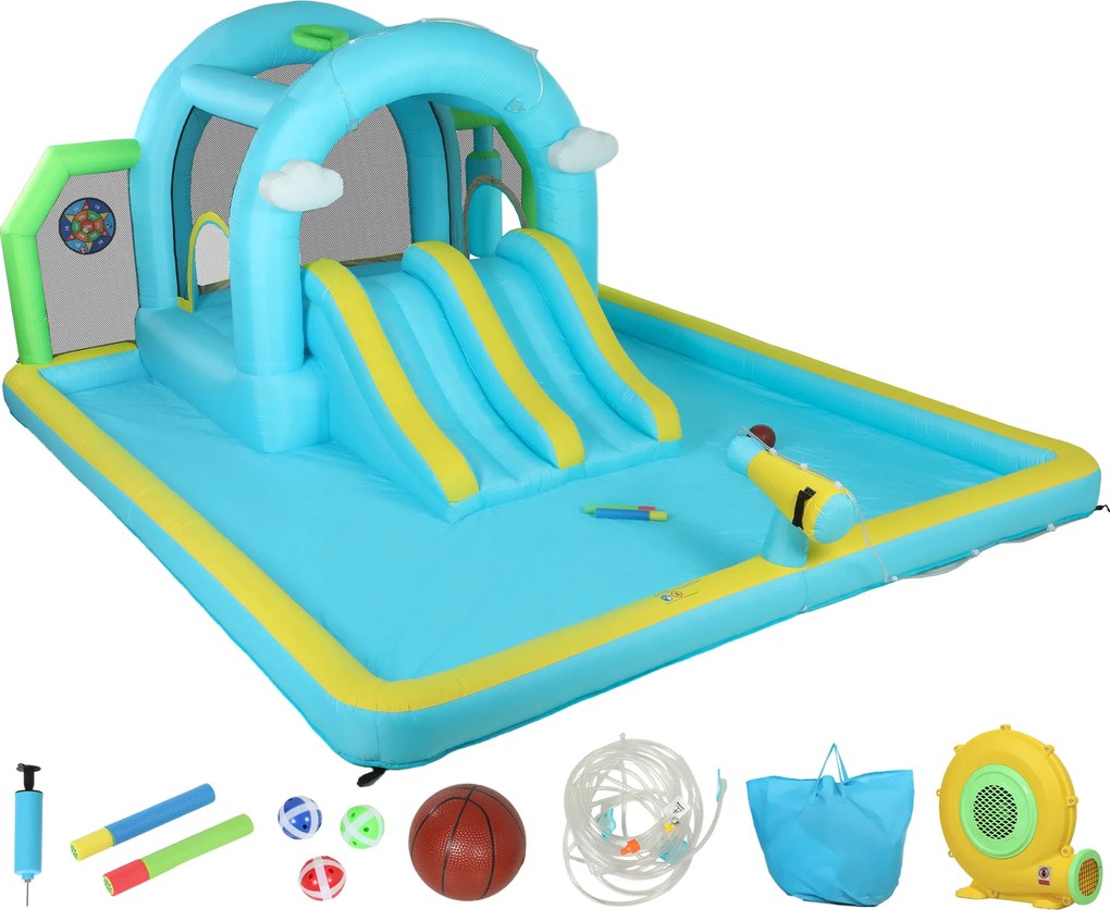 Castelo Insuflável Aquático 7 em 1 com Insuflador 450W 2 Escorregas Trampolim Piscina Cesto Coluna de Boxe 426x360x198 cm Multicor
