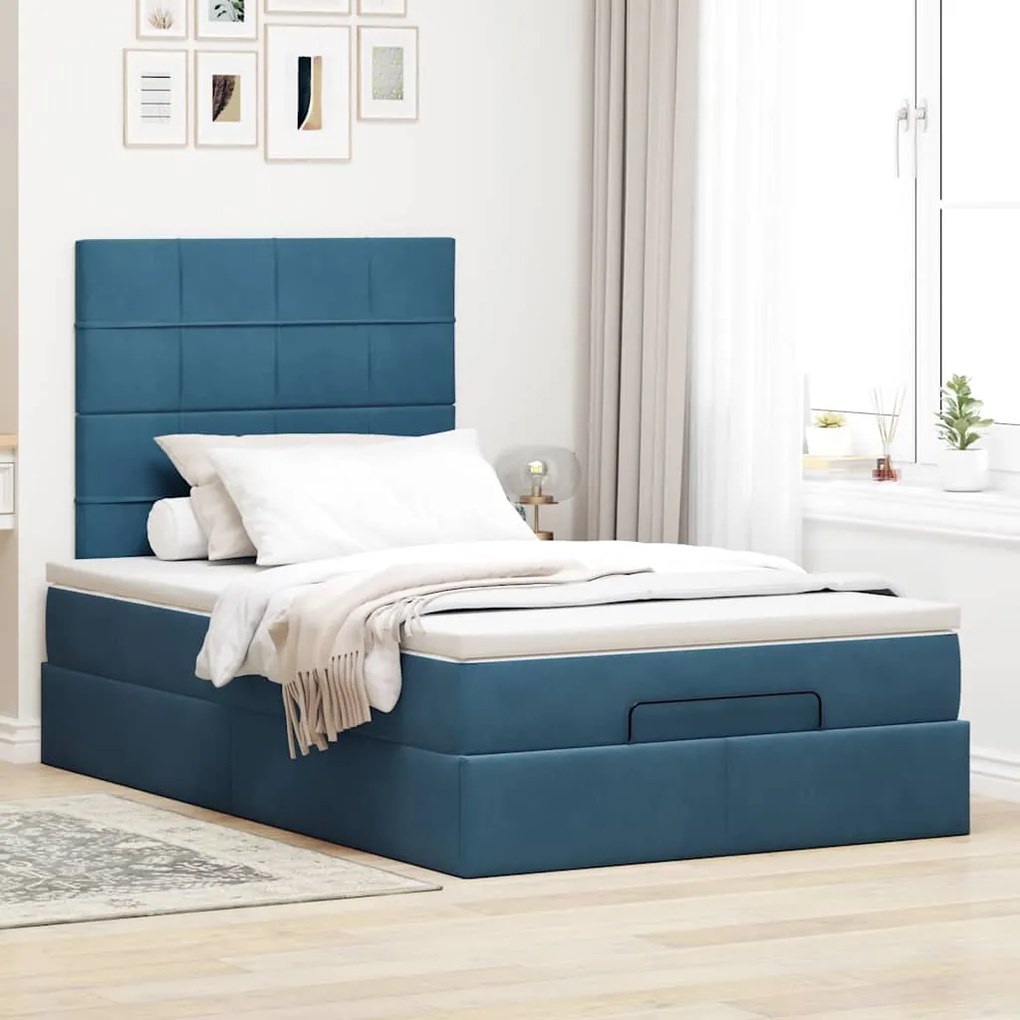 Estrutura de cama otomana com colchões azul escuro Veludo
