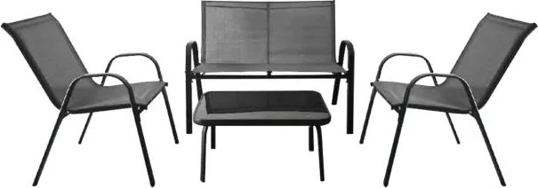 Conjunto de jardim exterior de 4 peças Mesa de café em vidro temperado Banco e 2 cadeiras individuais Tecido Textilene Mesa e cadeiras Cinzento