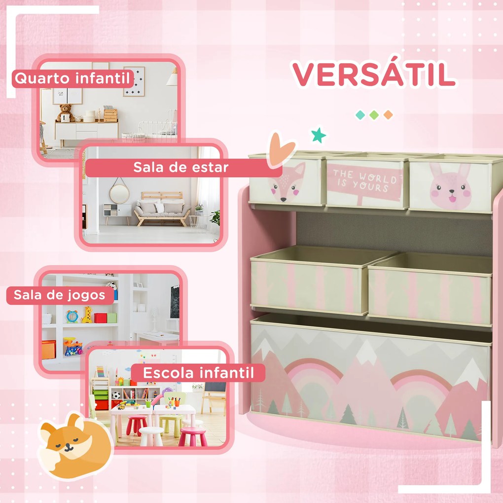 ZONEKIZ Estante para Brinquedos com 6 Caixas de Tecido não Tecido Amovíveis Organizador de Brinquedos 63x30x66 cm Rosa