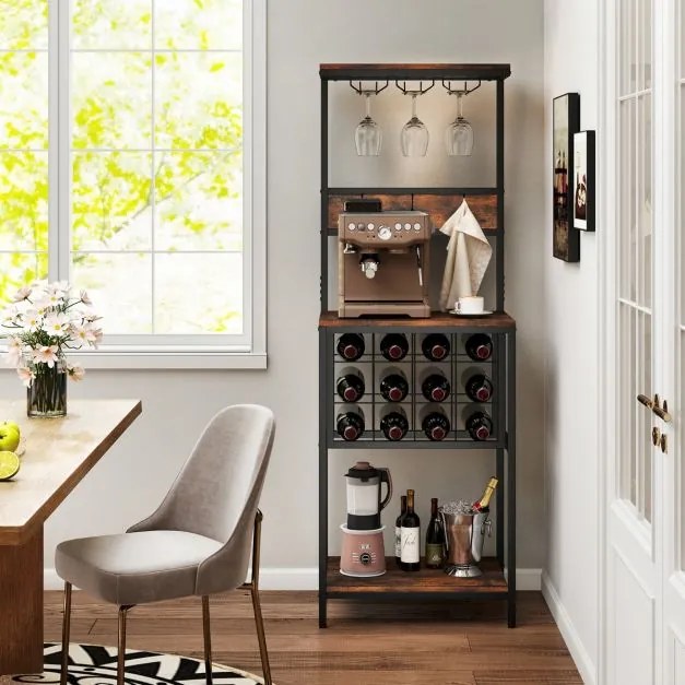 Garrafeira com suporte para copos de vinho, suporte para garrafas e ganchos 54 x 37 x 156 cm Castanho rústico