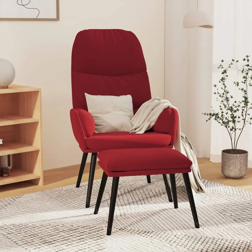 vidaXL Cadeira de descanso com banco veludo vermelho tinto
