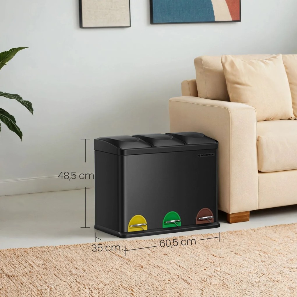 Caixote do lixo com 3 compartimentos 60,5 x 40,5 x 48,5 cm preto