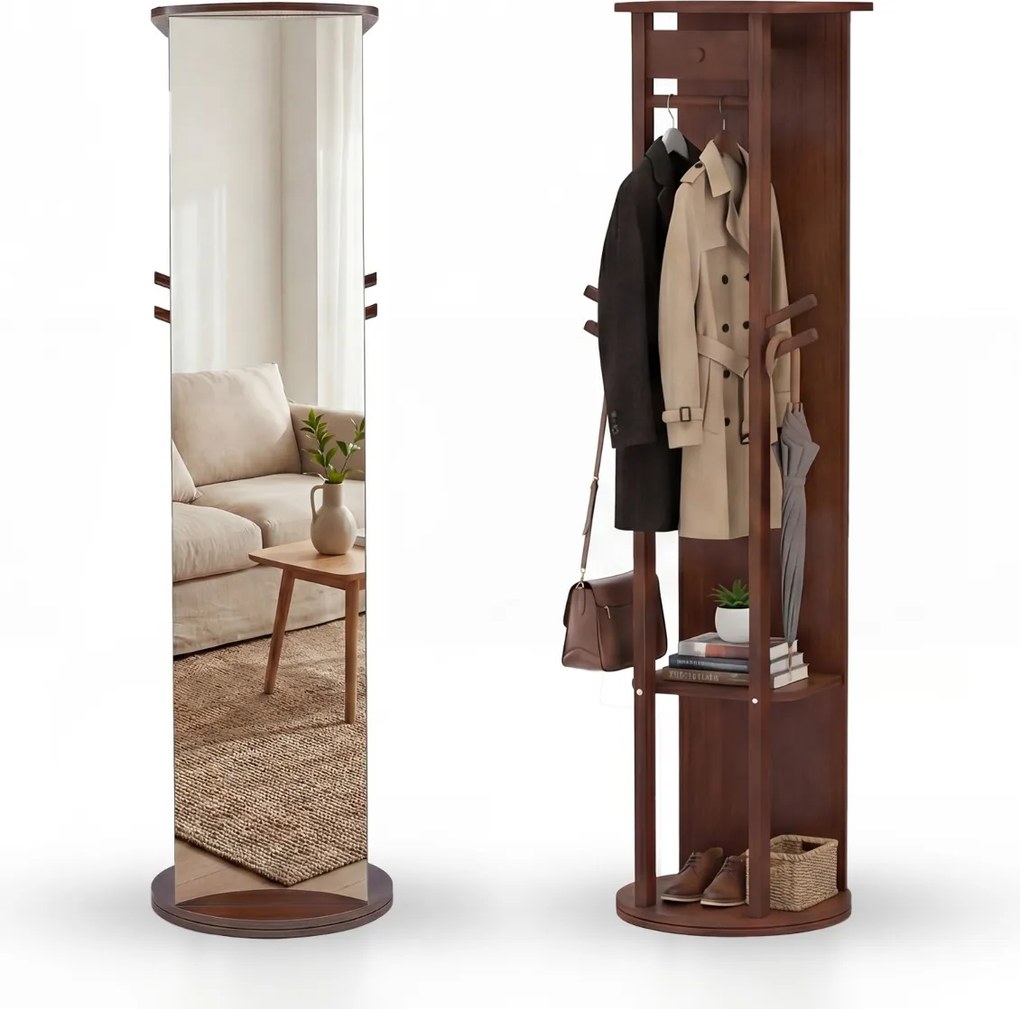 Espelho giratório 3 em 1 com cabideiro, estantes e ganchos – organizador para quarto – 44 x 168 cm – Castanho