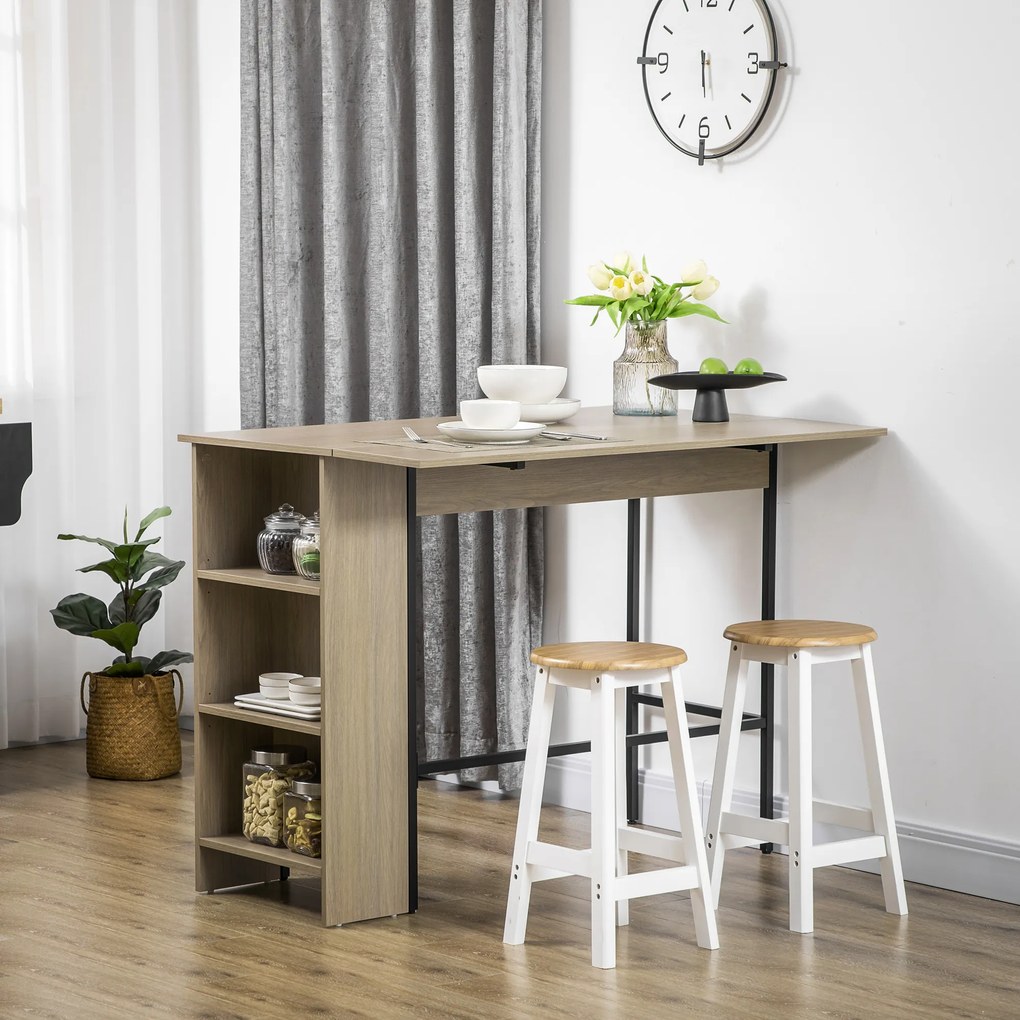 Mesa com ilha central (BANCOS NÃO INCLUIDOS), tampo lateral rebatível e 3 prateleiras, 120 x 76 x 91,4 cm, cinzento claro