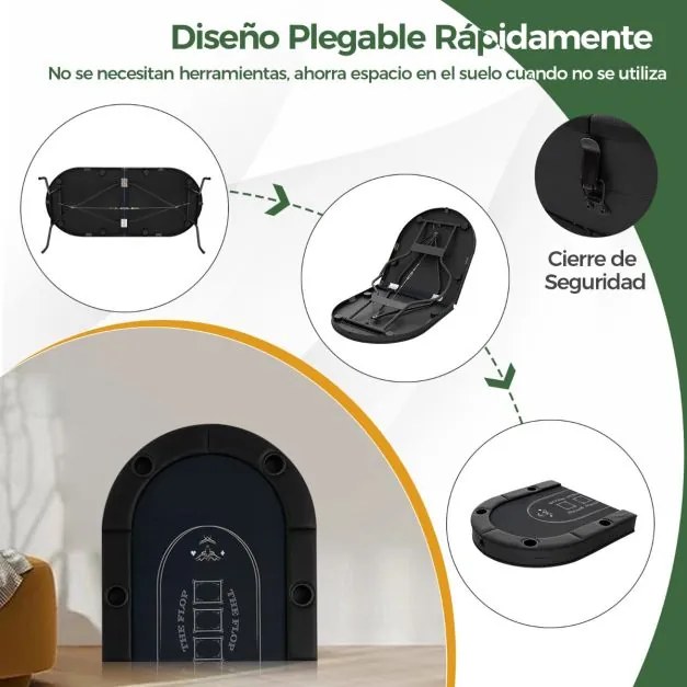 Mesa de póquer dobrável de 182 cm para 8 jogadores oval portátil para jogos com porta-copos e grades acolchoadas para casa Preto