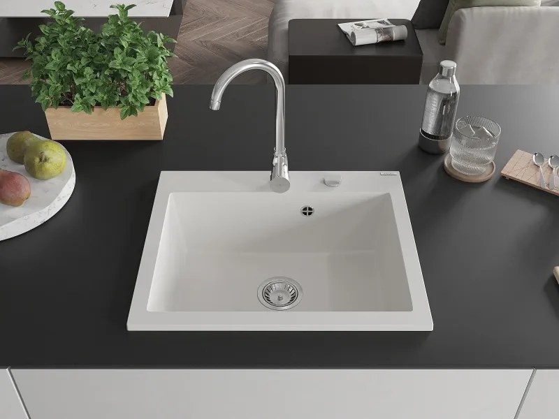 Mexen Elix lava-loiça de granito de 1 cuba 600 x 500 mm, branco, sifão cromado - 6525601005-20