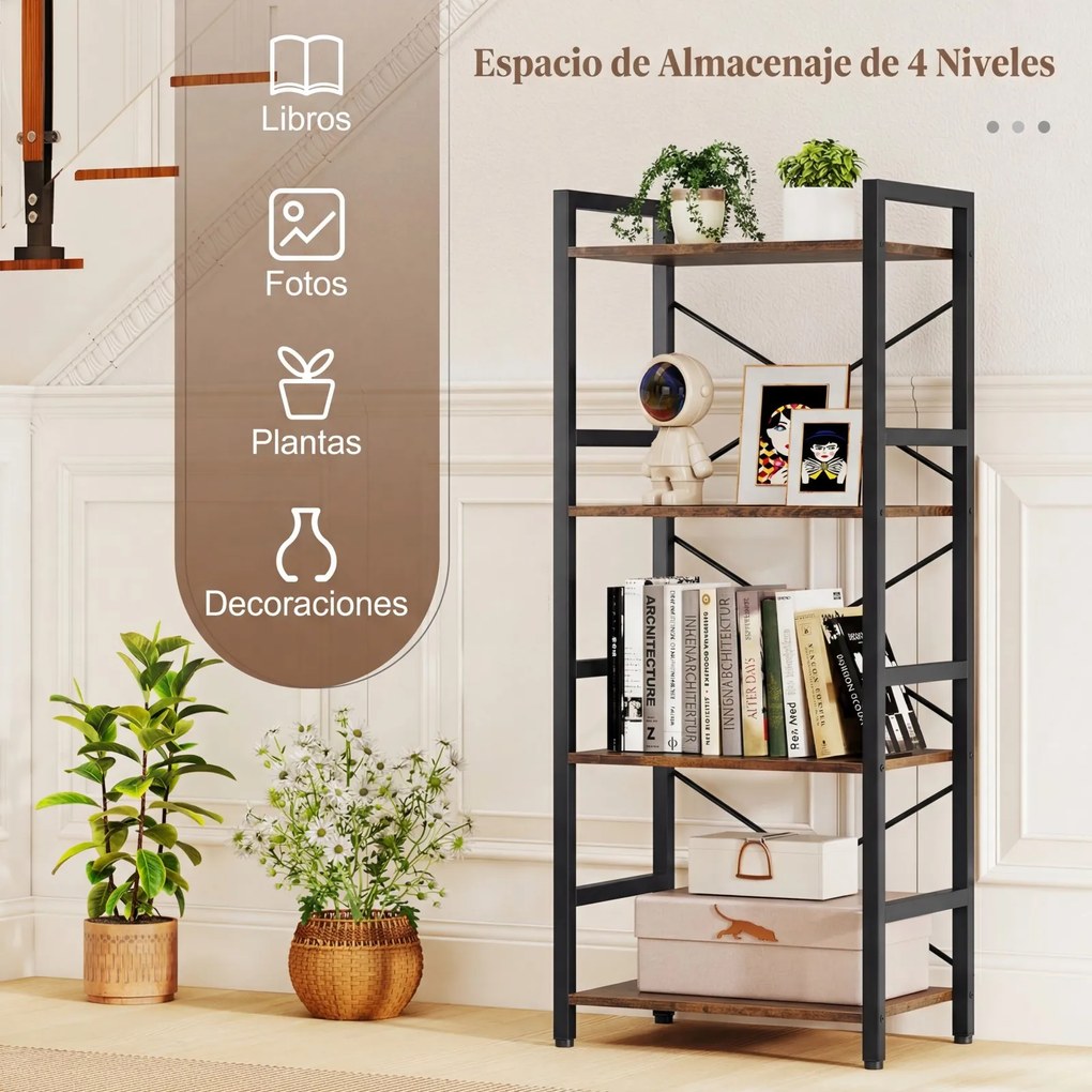 Estante de 4 níveis, Estrutura metálica resistente, design antideslizamento, 41,5 x 27,5 x 100 cm, Castanho rústico e preto