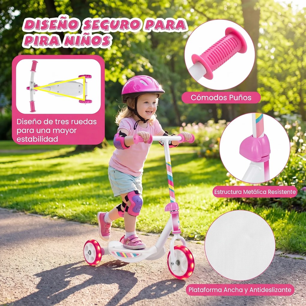 Trotinete Infantil de 3 Rodas, 56 x 32 x 59 cm, Rodas Luminosas LED, Rosa