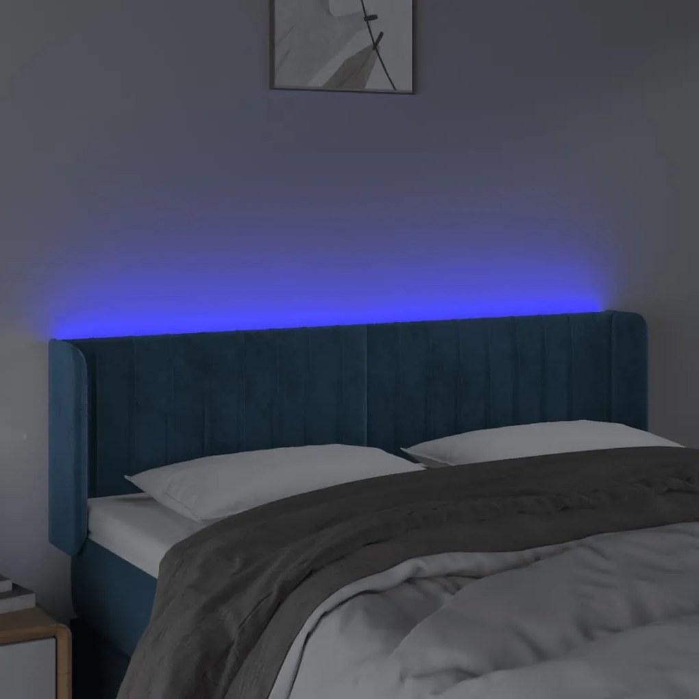 Cabeceira cama c/ luzes LED veludo 147x16x78/88 cm azul-escuro