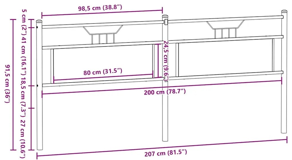 Cabeceira de cama 200 cm derivados madeira/aço carvalho fumado
